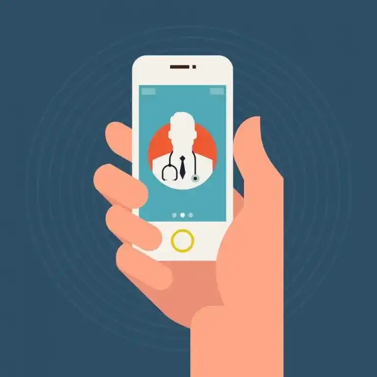 Ilustração de uma mão segurando um celular com imagem de um médico na tela, representando um atendimento por telemedicina