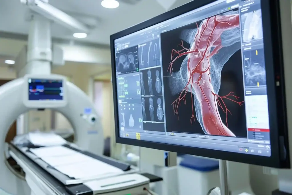 Monitor exibindo exame de angiografia em setor de radiologia hospitalar