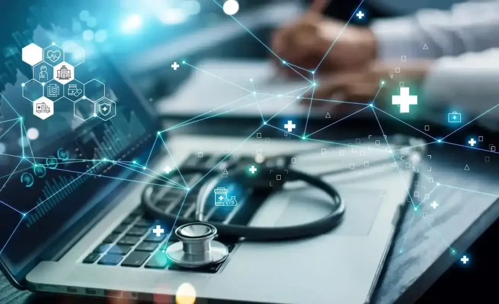 Telessaúde com atendimento digital integrado, utilizando tecnologia para monitoramento e cuidado remoto na área da saúde.