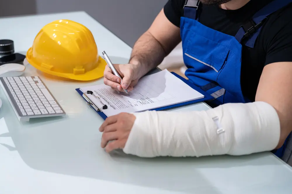 rabalhador com braço imobilizado preenchendo relatório após acidente e incidente de trabalho em ambiente industrial